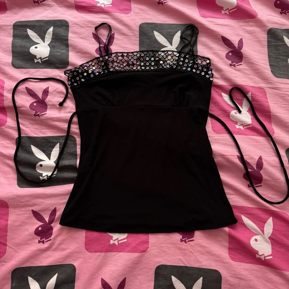 Vixen Black Sequin Embellished Camisole Top with Tie back